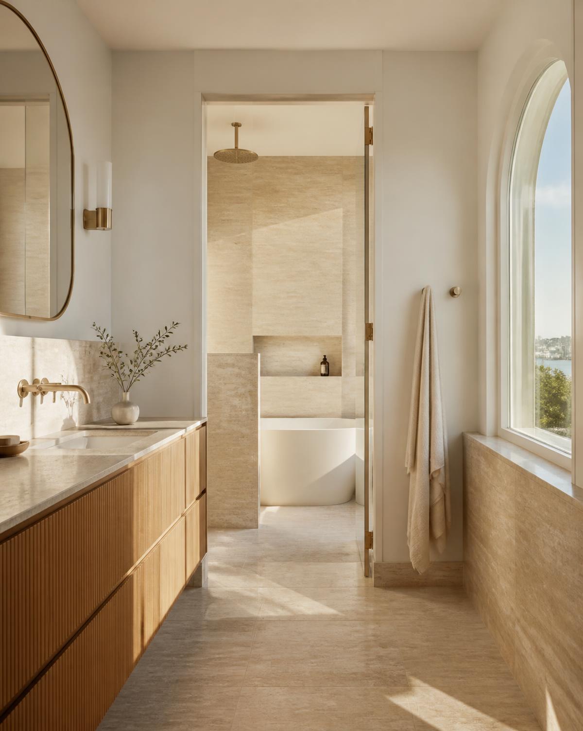 Renovated bathroom with travertine stone, timber vanity and brass tapware